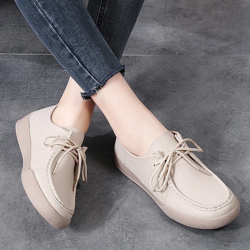 2024 Spring Women&prime;s New Solid Color Simple Casual Lace-up Leather Shoes Flat Loafers