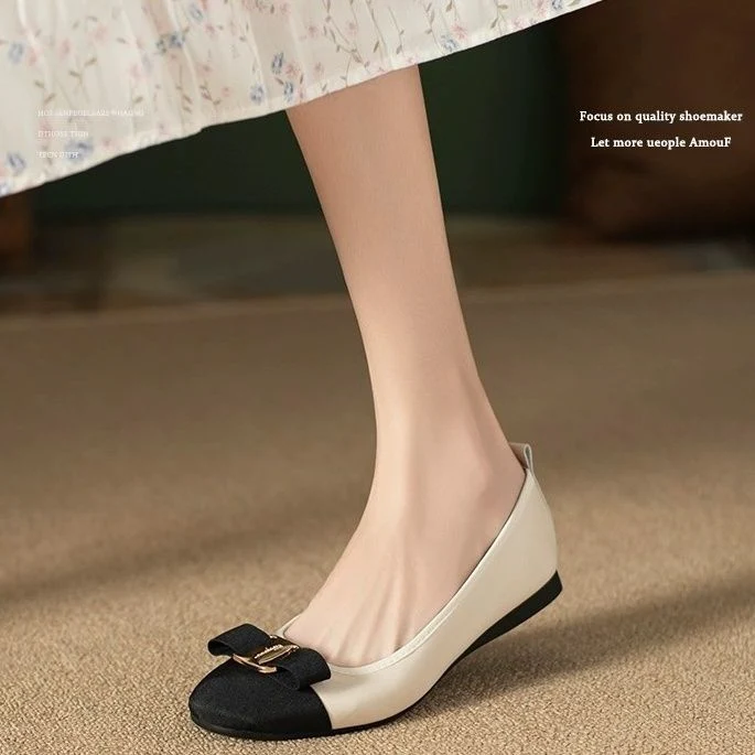 Leather Pump Shoes New Round Toe Bow Knot Patchwork Flats Comfortable Soft Sole Slip-on Ballerina Shoes for Women