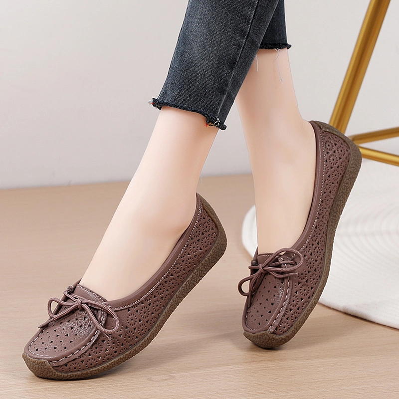 2024 Hot Seller Elegant Lady Luxury Fashion Women Shoes Hollow out Nice Bow Lace up Peep Toes Loafers Casual Korean Orientalism Style with Factory Price