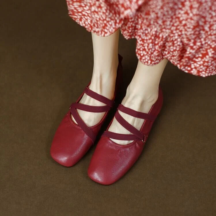 New Arrival Square Toe Retro Flat Mary Jane Shoes Soft Sole Cross Elastic Strap Ballerinas Flat Shoes for Women