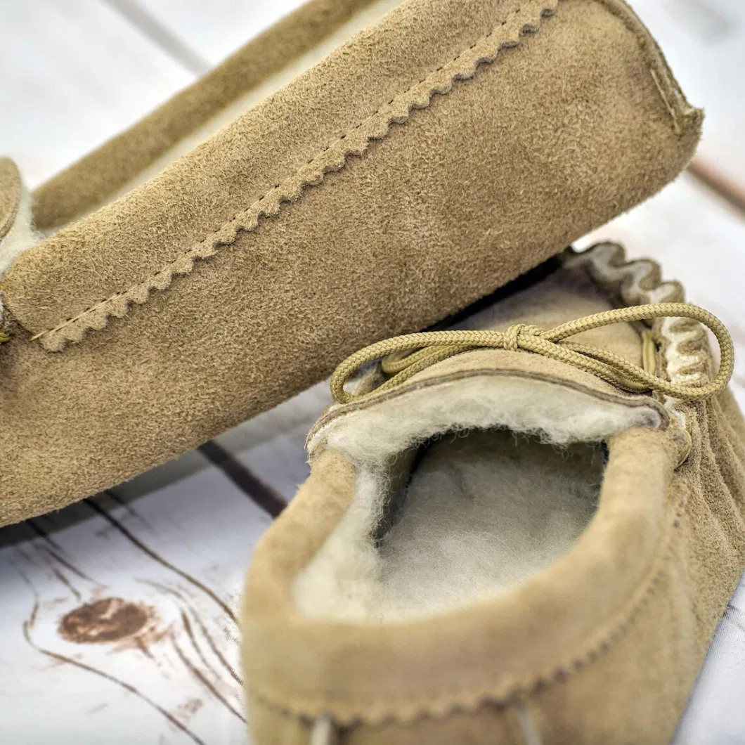 Hot Soft Warm Sheepskin Family Home Indoor Outdoor British Suede and Lambswool Handmade Moccasin Slippers High Qualites Fur Slippers