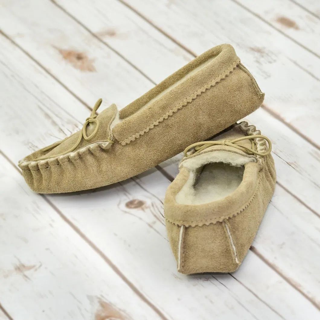 Hot Soft Warm Sheepskin Family Home Indoor Outdoor British Suede and Lambswool Handmade Moccasin Slippers High Qualites Fur Slippers