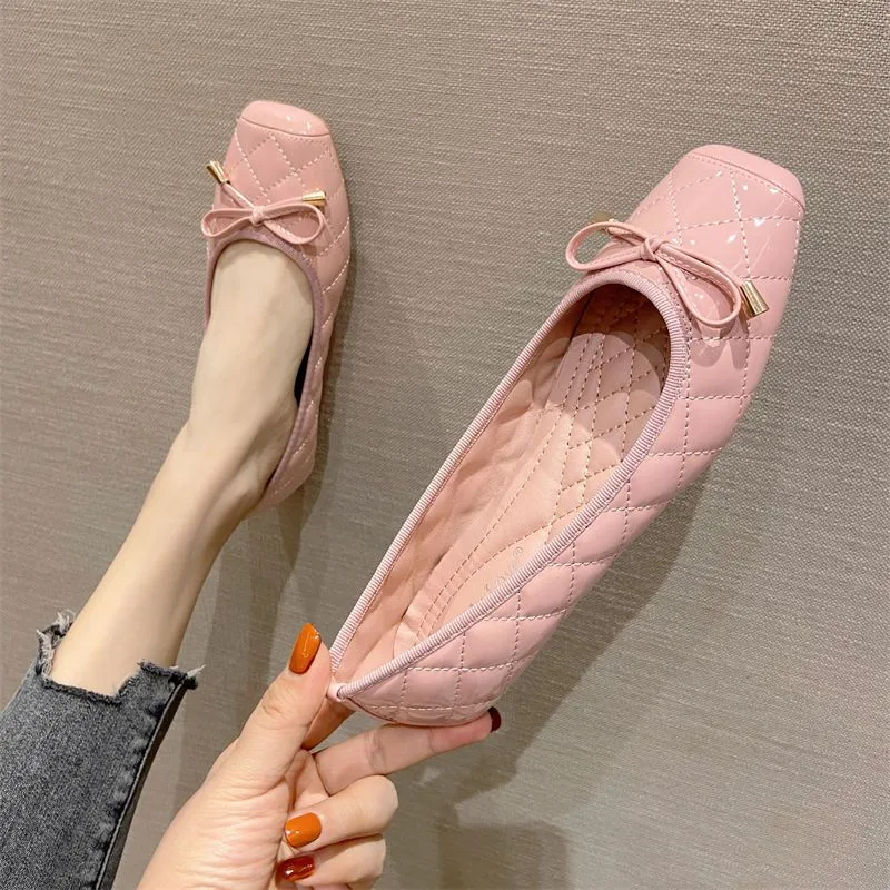 New Square Toe Flat Female Shoes Bow-Knot Boat Shoes Slip-on Working Soft Soled Ballerina Flats for Women