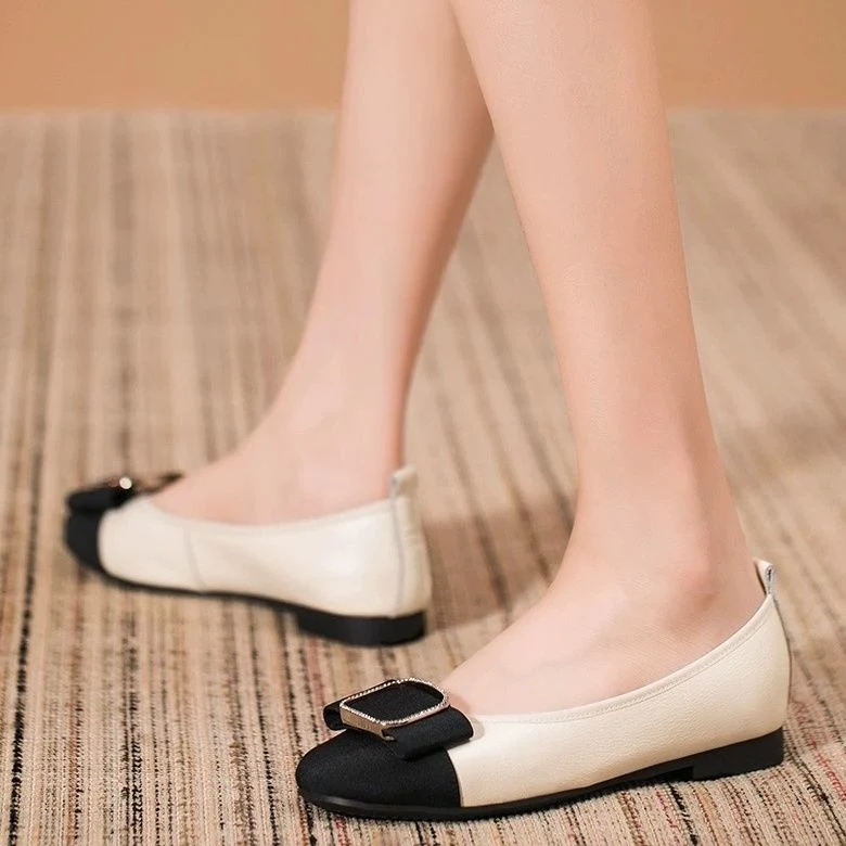 Leather Pump Shoes New Round Toe Bow Knot Patchwork Flats Comfortable Soft Sole Slip-on Ballerina Shoes for Women