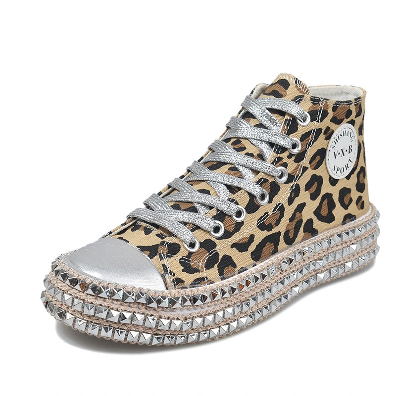 Casual Lace-up Low Top/ High Top Rivet Trim Shoes Leopard Hemp Rope Thick Bottom Canvas Sneakers Walking Shoes Esg13578