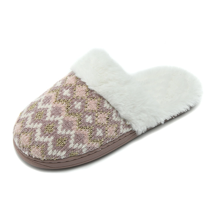 New Arrival Chenille Knit Fur Collar TPR Outsole Mule Pink Women&prime;s Indoor Slippers