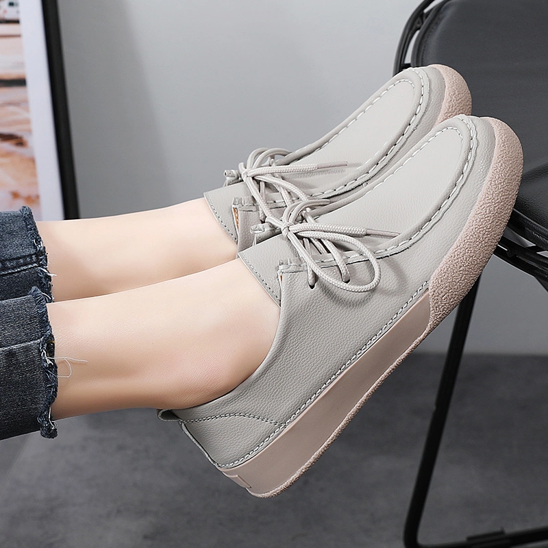 2024 Spring Women&prime;s New Solid Color Simple Casual Lace-up Leather Shoes Flat Loafers