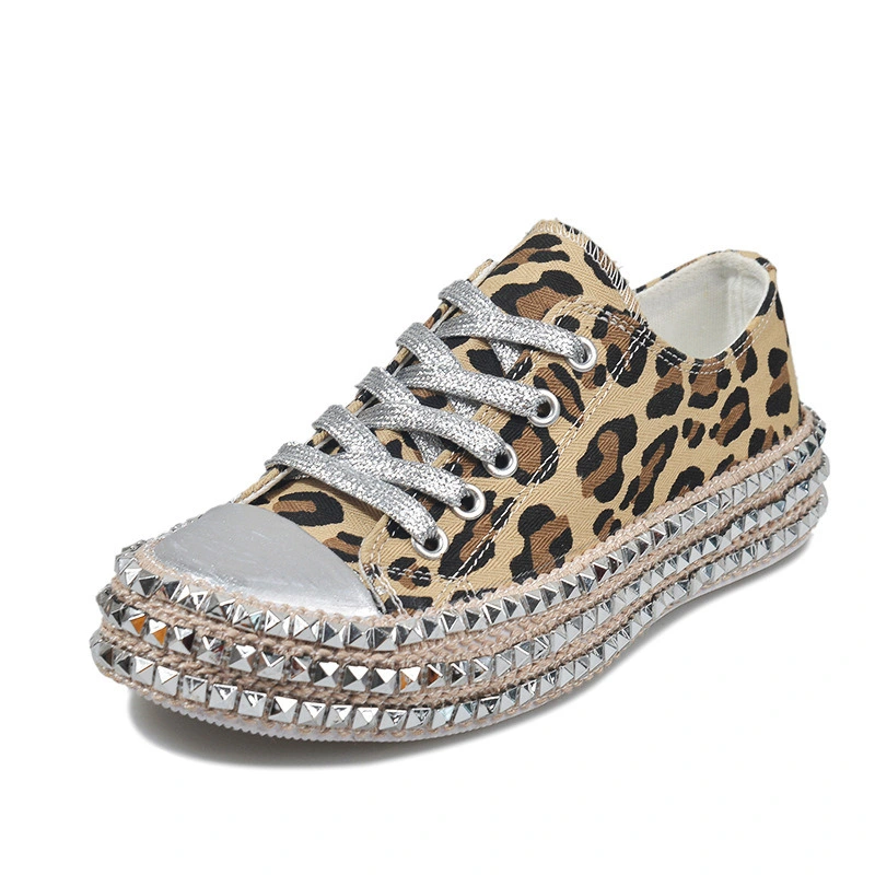 Casual Lace-up Low Top/ High Top Rivet Trim Shoes Leopard Hemp Rope Thick Bottom Canvas Sneakers Walking Shoes Esg13578