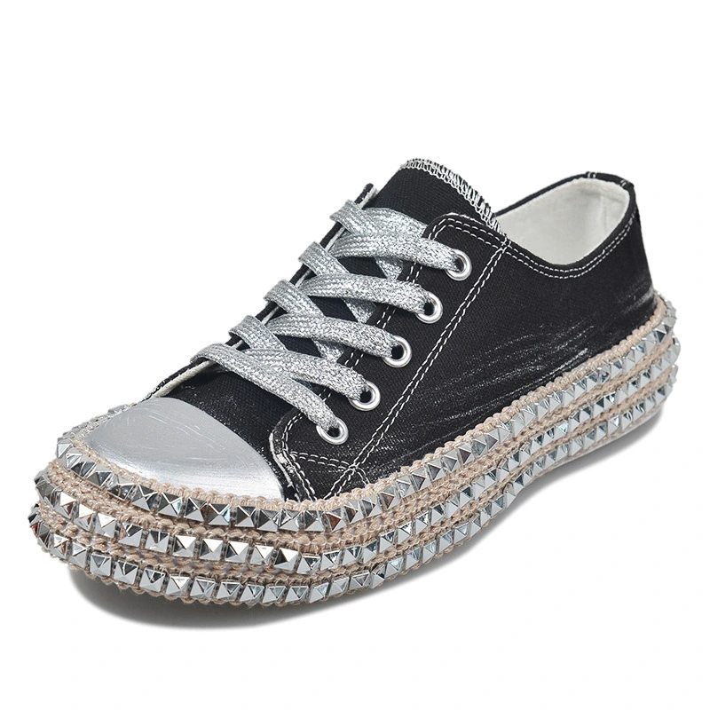 Casual Lace-up Low Top/ High Top Rivet Trim Shoes Leopard Hemp Rope Thick Bottom Canvas Sneakers Walking Shoes Esg13578