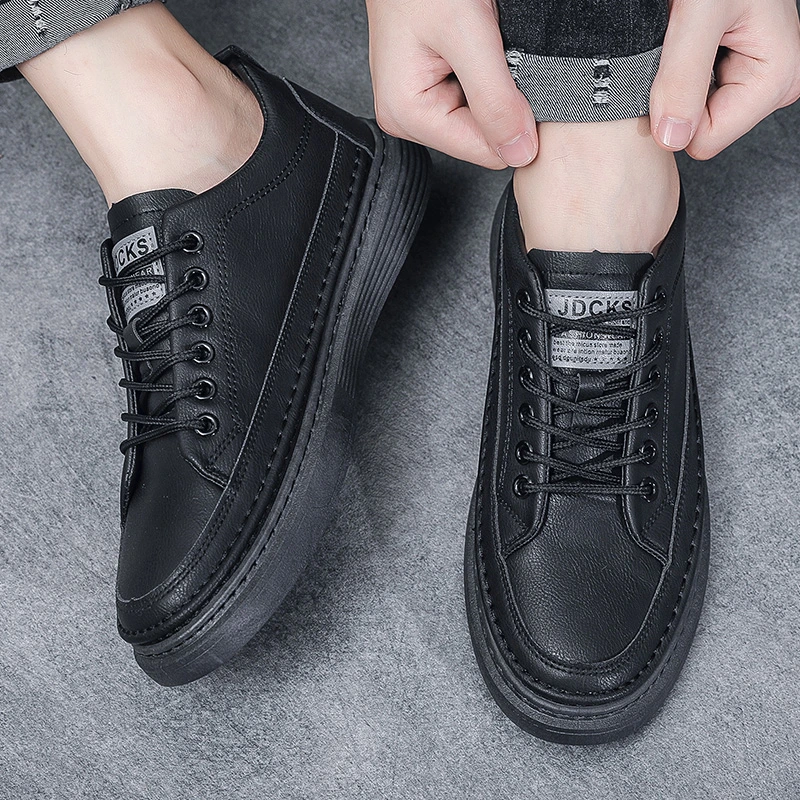 2024 Low Top Leather Casual Shoes Black Lace up Retro Everyday Flat Shoes for Men