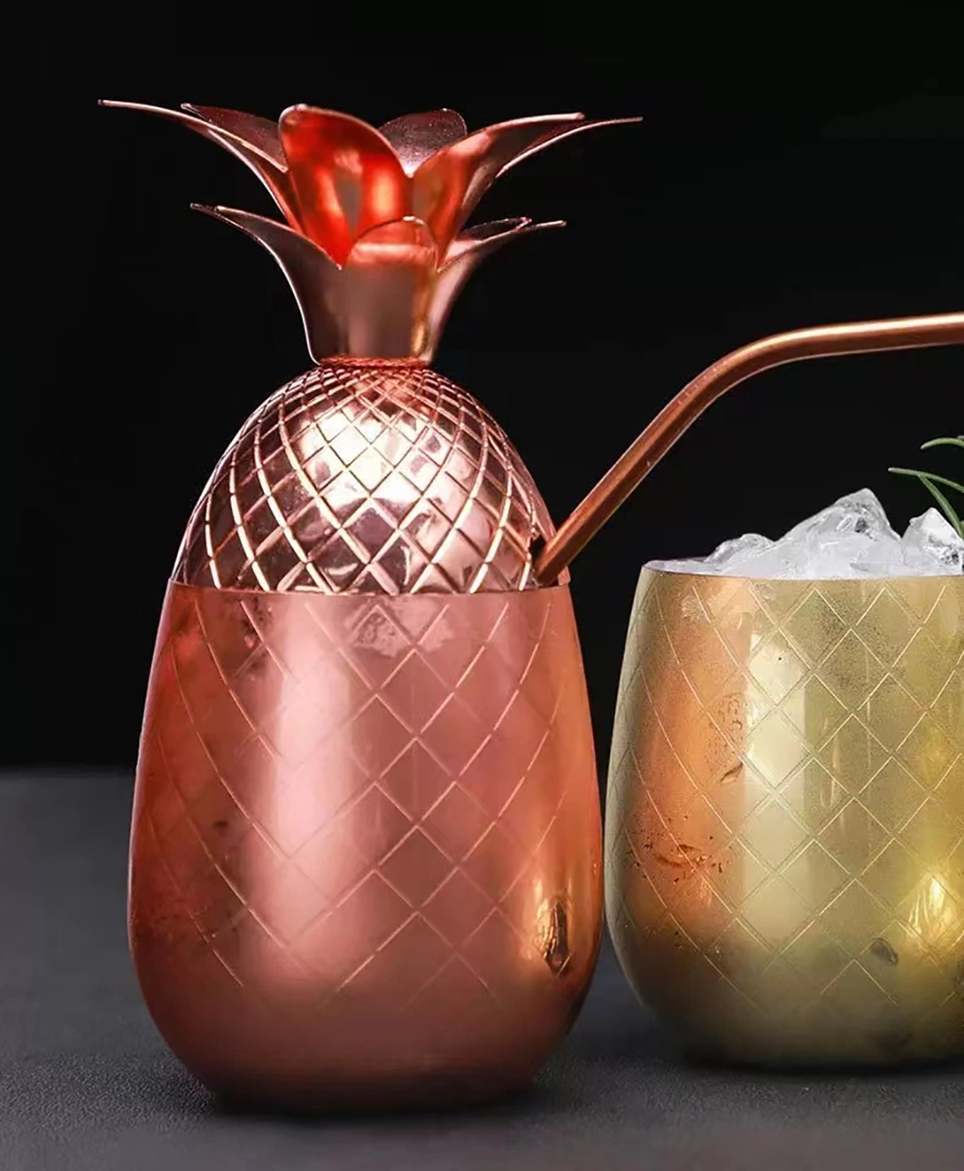 Pineapple Shape Moscow Mule Mug Copper Tumbler Cocktail Cup Beer Mug with Lid and Straw