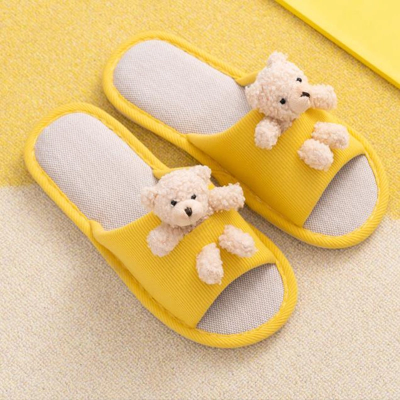 Summer Parent-Child Cartoon Bear Slippers Women Cotton Linen Open Toe Shoes