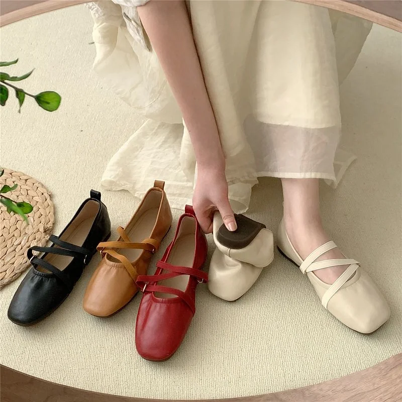 New Arrival Square Toe Retro Flat Mary Jane Shoes Soft Sole Cross Elastic Strap Ballerinas Flat Shoes for Women