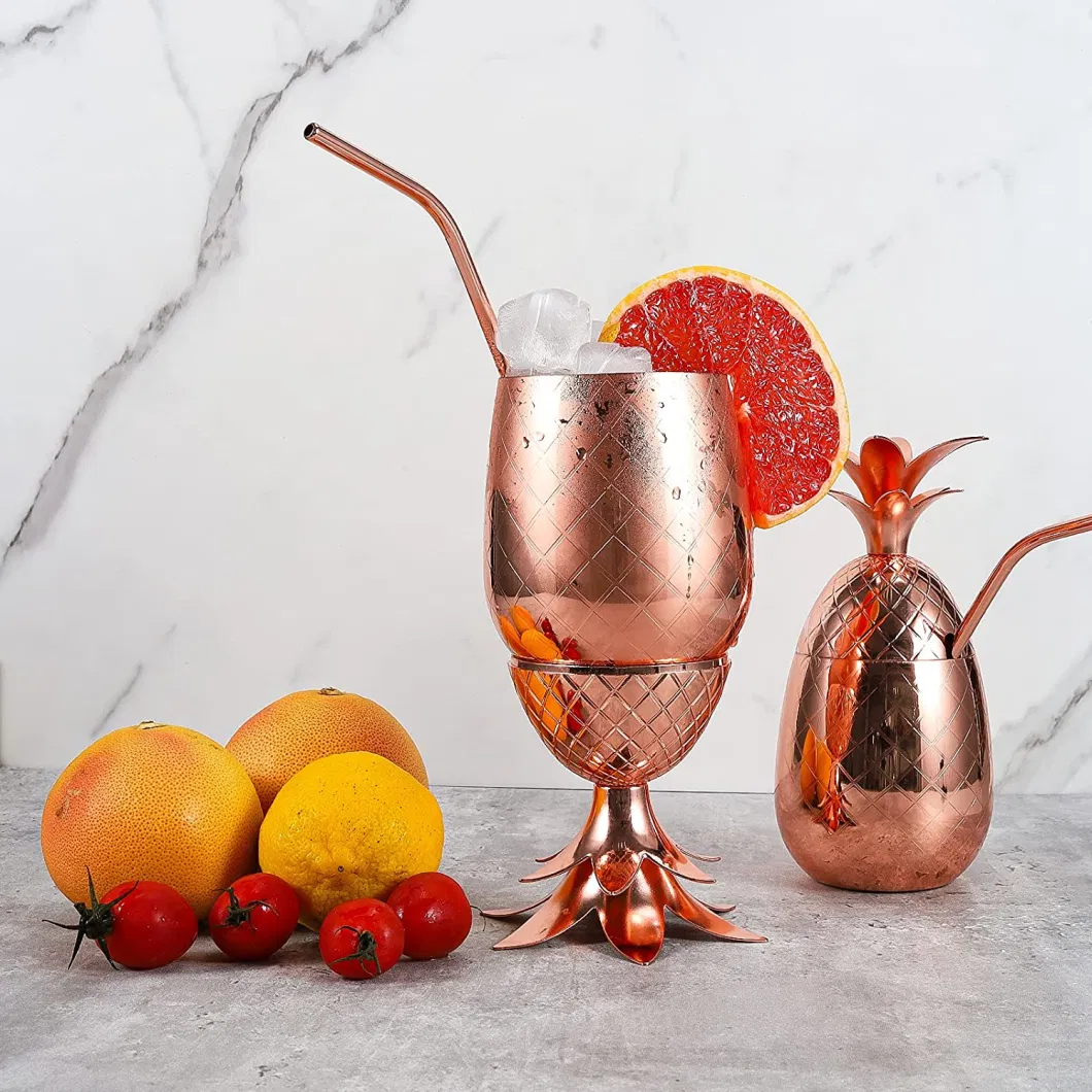 Pineapple Shape Moscow Mule Mug Copper Tumbler Cocktail Cup Beer Mug with Lid and Straw