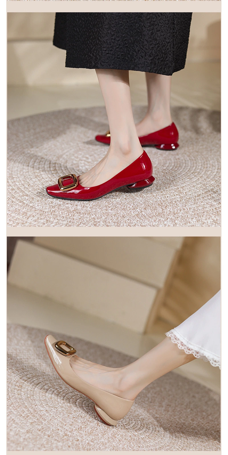 Ladies Patent Leather Square Head Thick Heel Shallow Cushion Flat Fashion Shoes