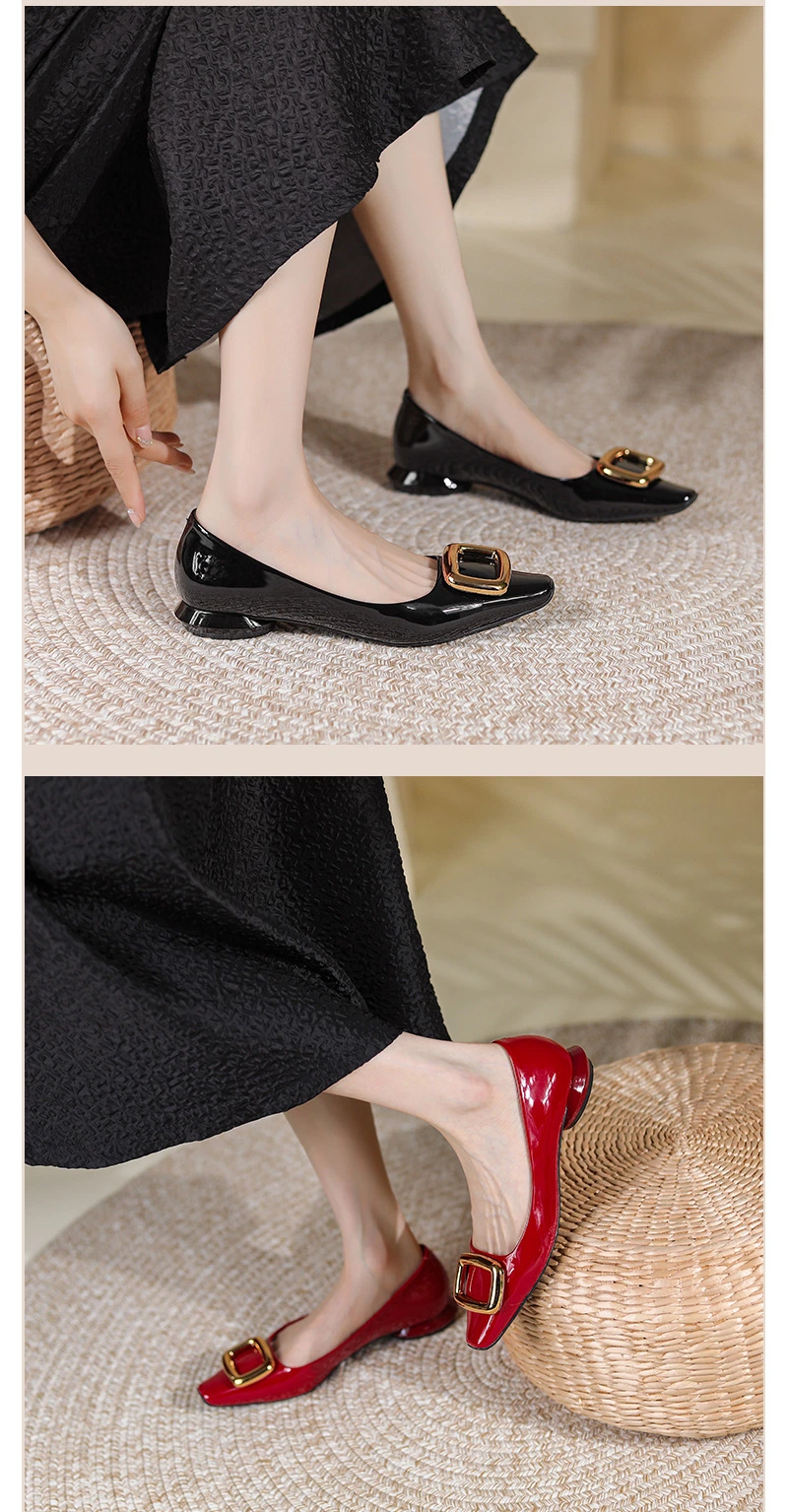 Ladies Patent Leather Square Head Thick Heel Shallow Cushion Flat Fashion Shoes