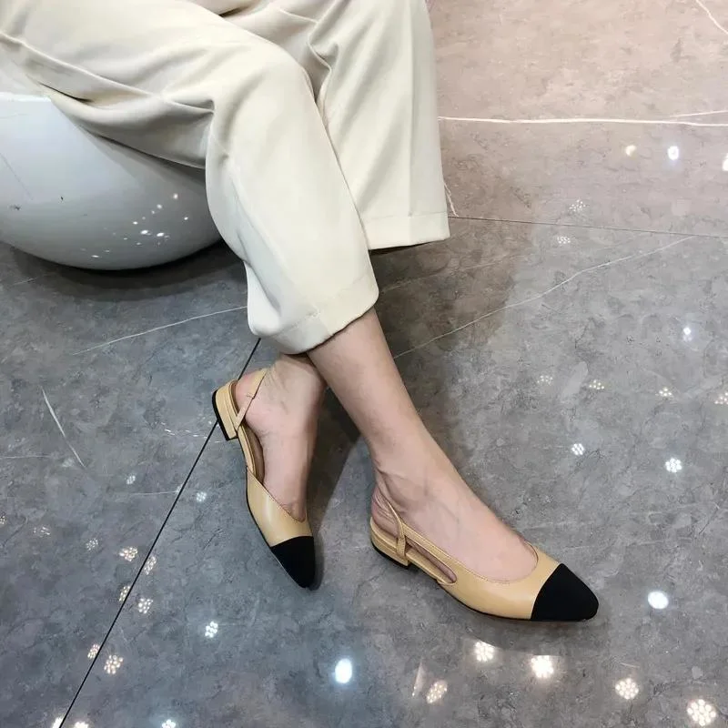 Summer Beach Sandals Designer Slingback Casual Fashion 100% Leather Shoes Belt Buckle Thick Heel Heels Baotou Lady Flat Work Women Dress Shoes