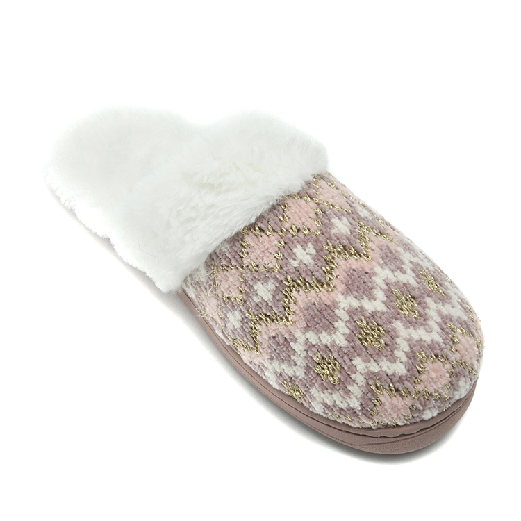 New Arrival Chenille Knit Fur Collar TPR Outsole Mule Pink Women&prime;s Indoor Slippers