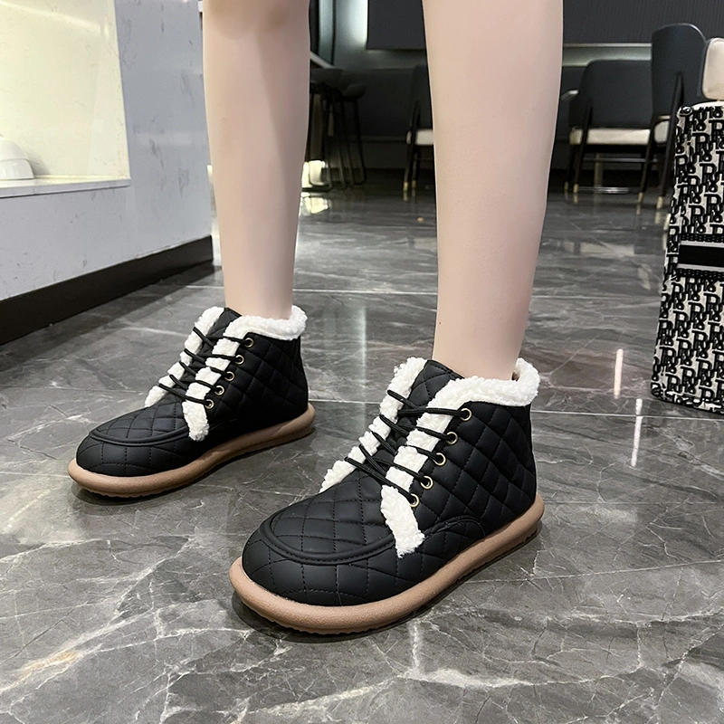 Winter Fashionable Velvet Lace-up Loafers Casual Flat-Soled Furry Cotton Boots