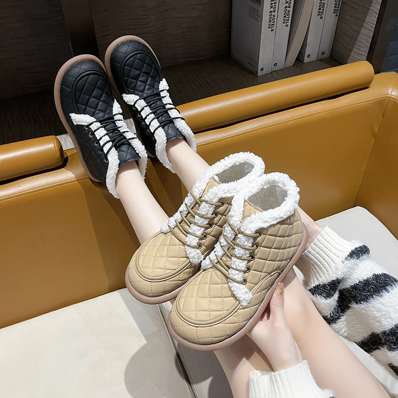 Winter Fashionable Velvet Lace-up Loafers Casual Flat-Soled Furry Cotton Boots