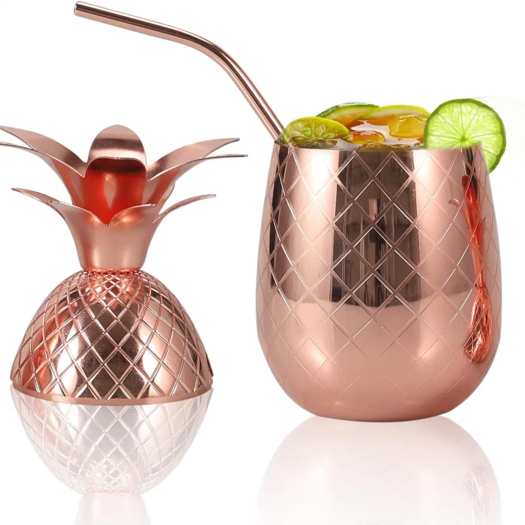 Pineapple Shape Moscow Mule Mug Copper Tumbler Cocktail Cup Beer Mug with Lid and Straw