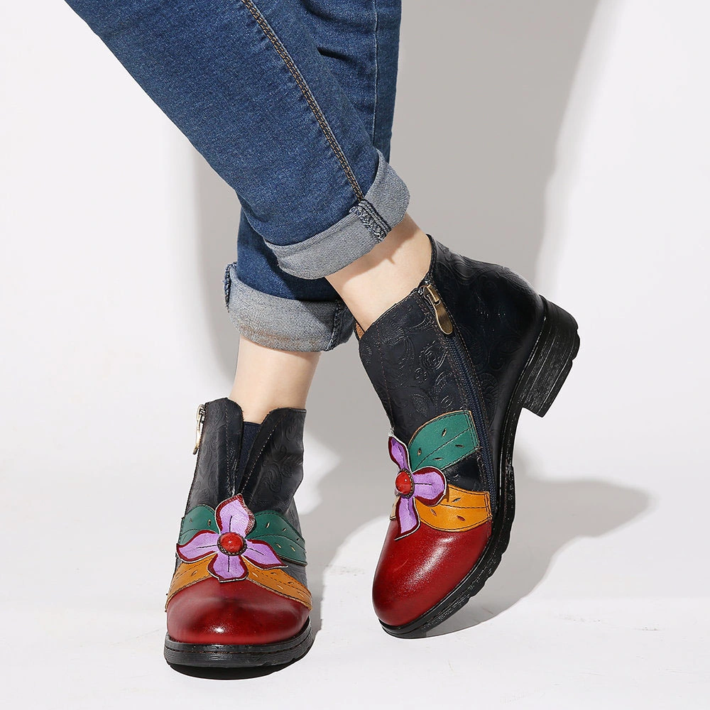 Lady&prime;s Handmade Leather Flower Colorful Outside Walking Shoes