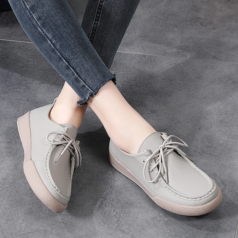 2024 Spring Women&prime;s New Solid Color Simple Casual Lace-up Leather Shoes Flat Loafers