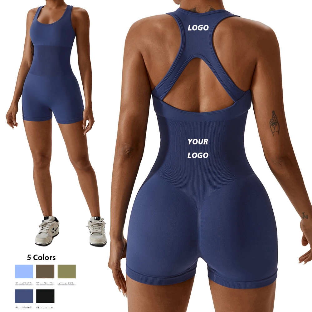 Wholesale Sexy One Piece Seamless Activewear Yoga Ballet Leotard Short Fitness Jumpsuits for Women, Stylish Hollow Back Athletic Sleeveless Gym Training Clothes