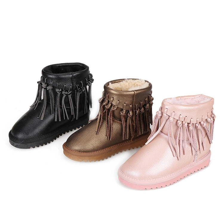 Girls Gender Genuine Leather Anti-Skid Kids Faux Fur Boots Tassel Winter Boots