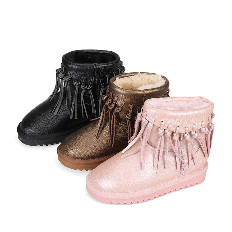 Girls Gender Genuine Leather Anti-Skid Kids Faux Fur Boots Tassel Winter Boots