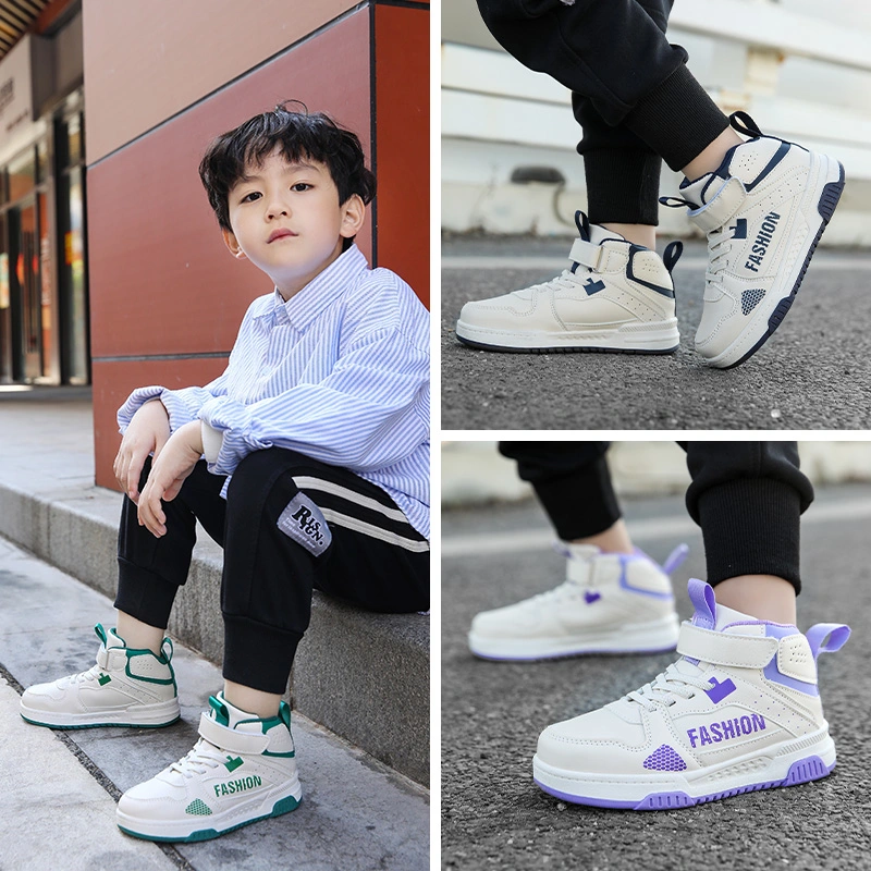 Children White Shoes High Top 2024 Spring Boys Sports Shoes Non Slip Girls Casual Board Soft Sole Shoes