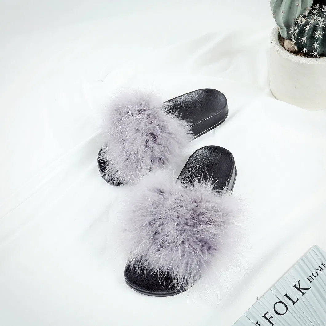 Women Fashion Fur Slippers Furry Slide Ostrich Feather Slipper Home Slippers Flip Flops Beach Summer Flats Slip-on Esg14127