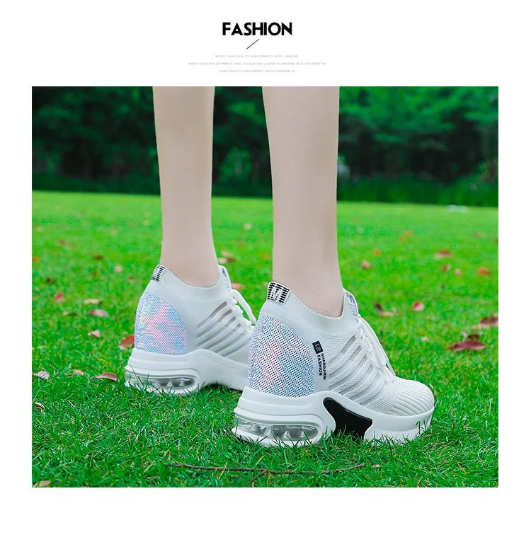 Chunky Sole Inside Heightening Female Running Shoes Fashion Cushioning Platform Breathable Flying Woven Slip-on Casual Sports Shoes for Women