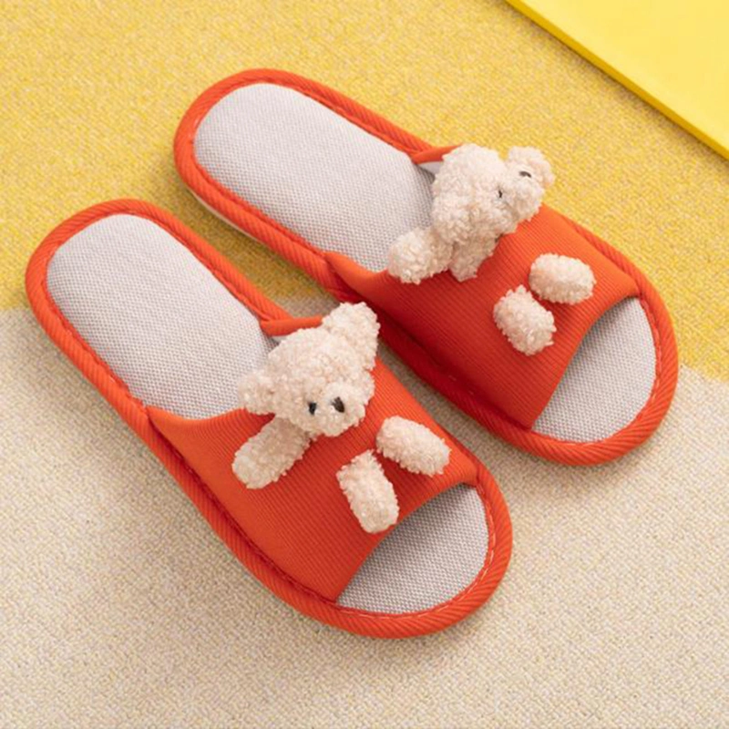 Summer Parent-Child Cartoon Bear Slippers Women Cotton Linen Open Toe Shoes