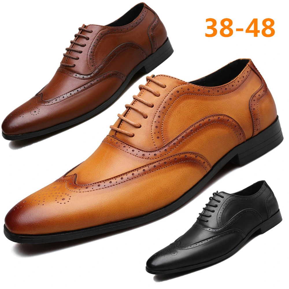 Mens Leather Shoes Classic Modern Formal Oxford Wingtip Lace up Dress Shoes Flexible and Comfort Shoes Esg13989