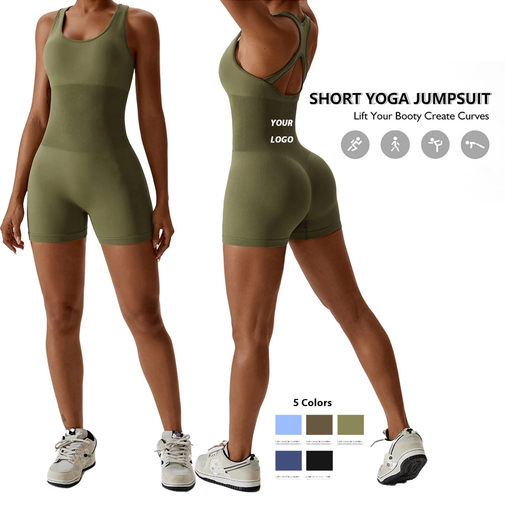 Wholesale Sexy One Piece Seamless Activewear Yoga Ballet Leotard Short Fitness Jumpsuits for Women, Stylish Hollow Back Athletic Sleeveless Gym Training Clothes