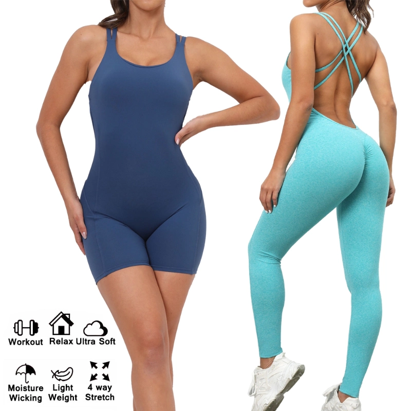 Wholesale Sexy One Piece Seamless Activewear Yoga Ballet Leotard Short Fitness Jumpsuits for Women, Stylish Hollow Back Athletic Sleeveless Gym Training Clothes