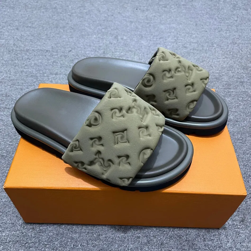 Designer Sliders Slippers Women Men Pool Pillow Flat Comfort Mules Slides Fashion Classic Prints Embossed Summer Sandals Black Grey Beach Fashion Shoes