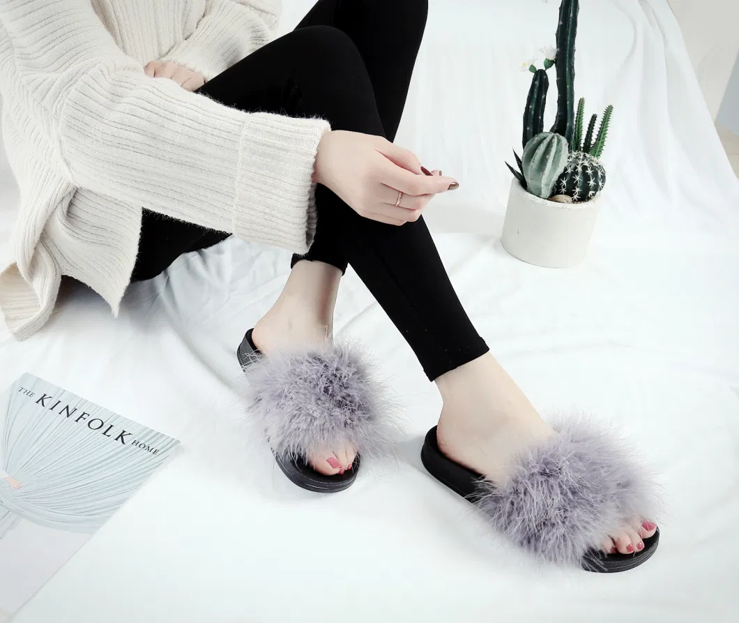 Women Fashion Fur Slippers Furry Slide Ostrich Feather Slipper Home Slippers Flip Flops Beach Summer Flats Slip-on Esg14127