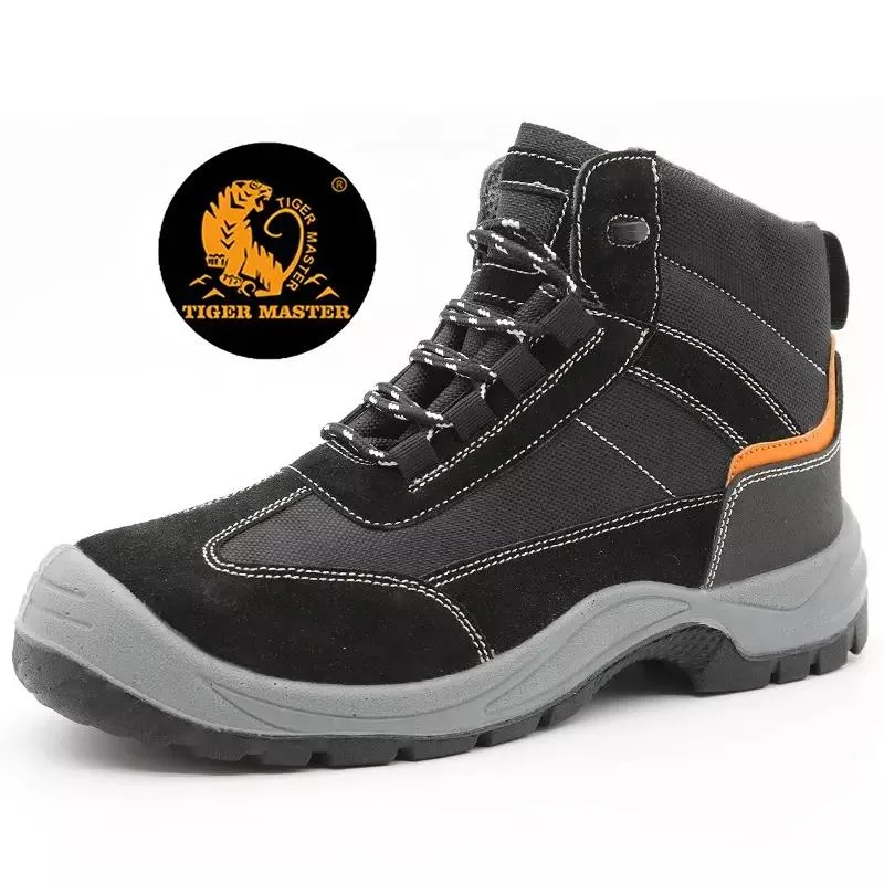 Oil Acid Resistant Non-Slip PU Sole Black Suede Leather Prevent Puncture Steel Toe Protection Sporty Safety Shoes