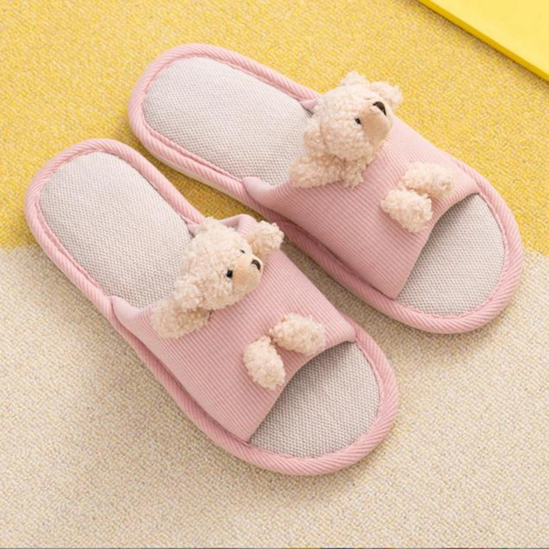 Summer Parent-Child Cartoon Bear Slippers Women Cotton Linen Open Toe Shoes