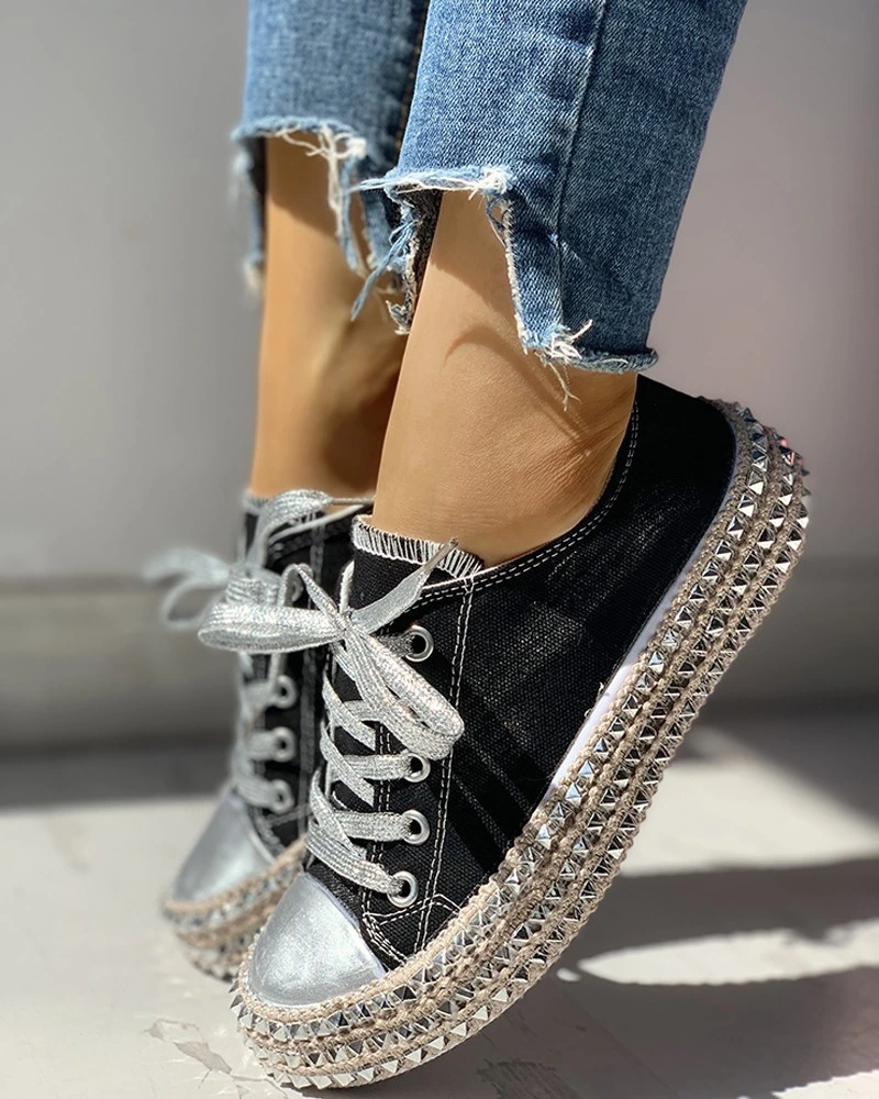 Casual Lace-up Low Top/ High Top Rivet Trim Shoes Leopard Hemp Rope Thick Bottom Canvas Sneakers Walking Shoes Esg13578