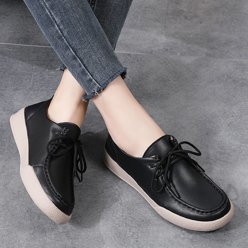 2024 Spring Women&prime;s New Solid Color Simple Casual Lace-up Leather Shoes Flat Loafers