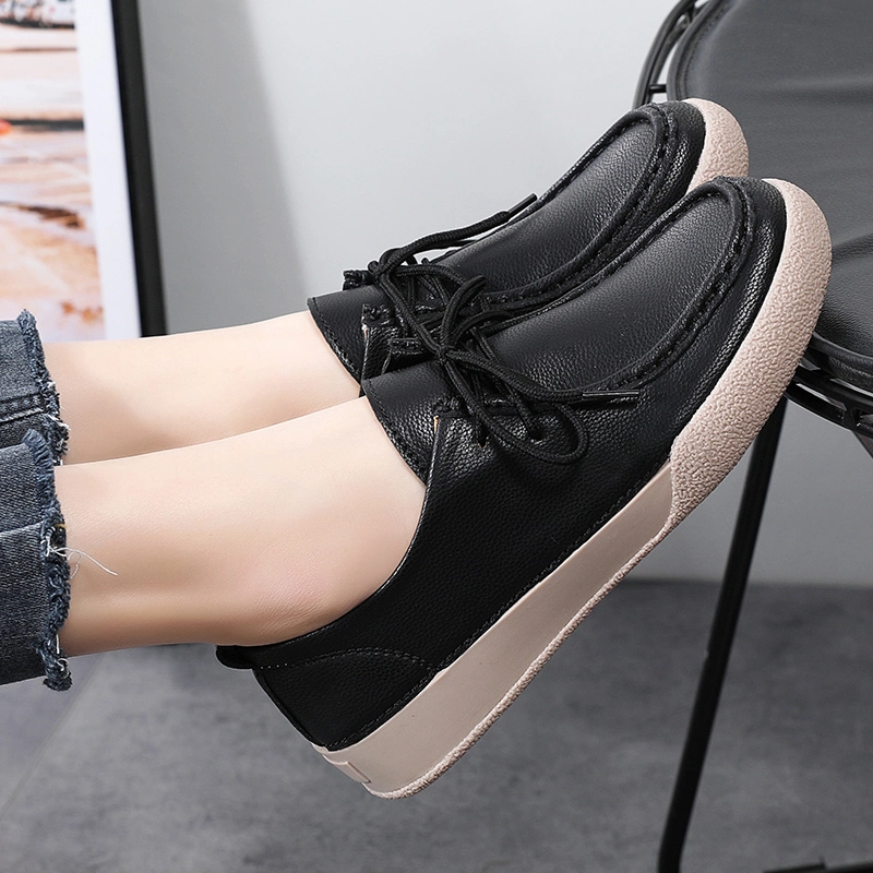 2024 Spring Women&prime;s New Solid Color Simple Casual Lace-up Leather Shoes Flat Loafers