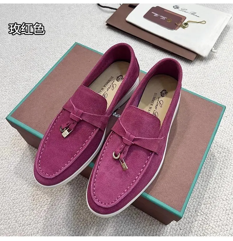 Summer Walk Women&prime;s Flat Heel Casual Shoes Loro Piano Mens Tasman Vintage Loafers Suede Dress Genuine Leather Sneakers Designer Moccasin Slip on Gift Shoe