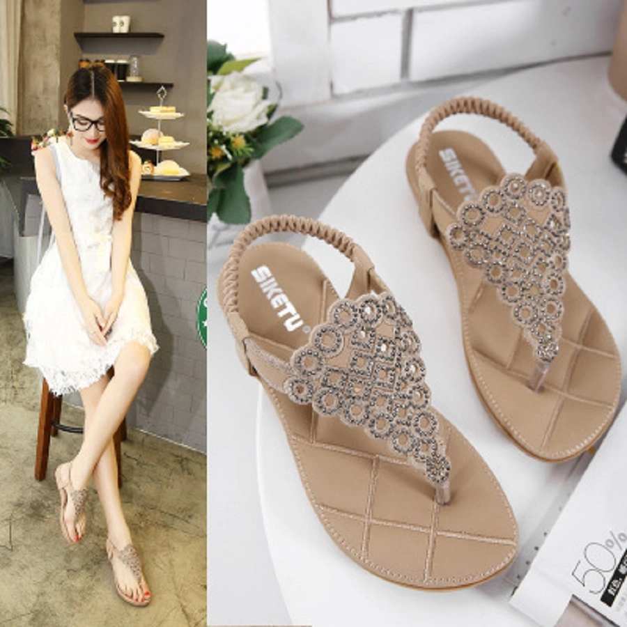 Women Bohemian Flat Sandals, Summer Beach T-Strap Flip Flop Sparkling Rhinestone Walking Sandals Casual Elastic Slip-on Sandals Esg13836