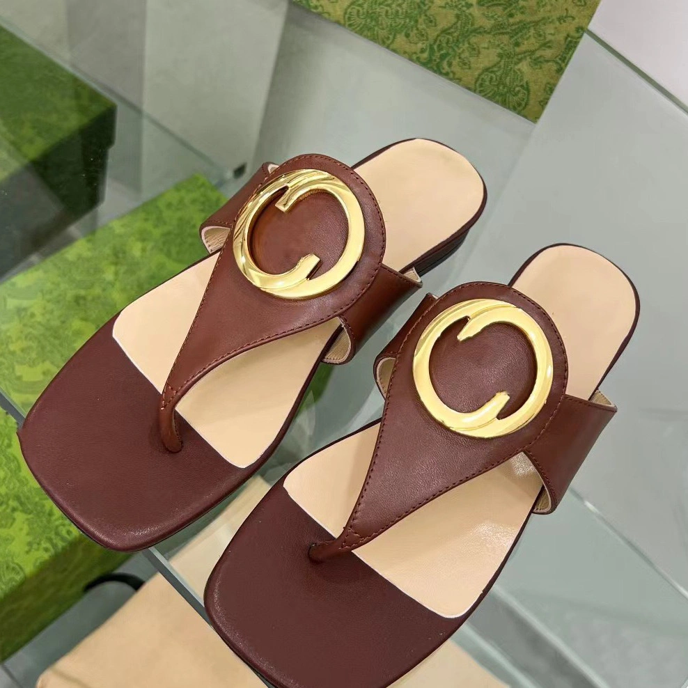 Slippers Luxury Sandals Designer Casual Shoes G Blondie Slides Thong Mule Flat Square Opentoe Flat Slippers Women Lamb Genuine Leather Goldtoned Hardware 35-40