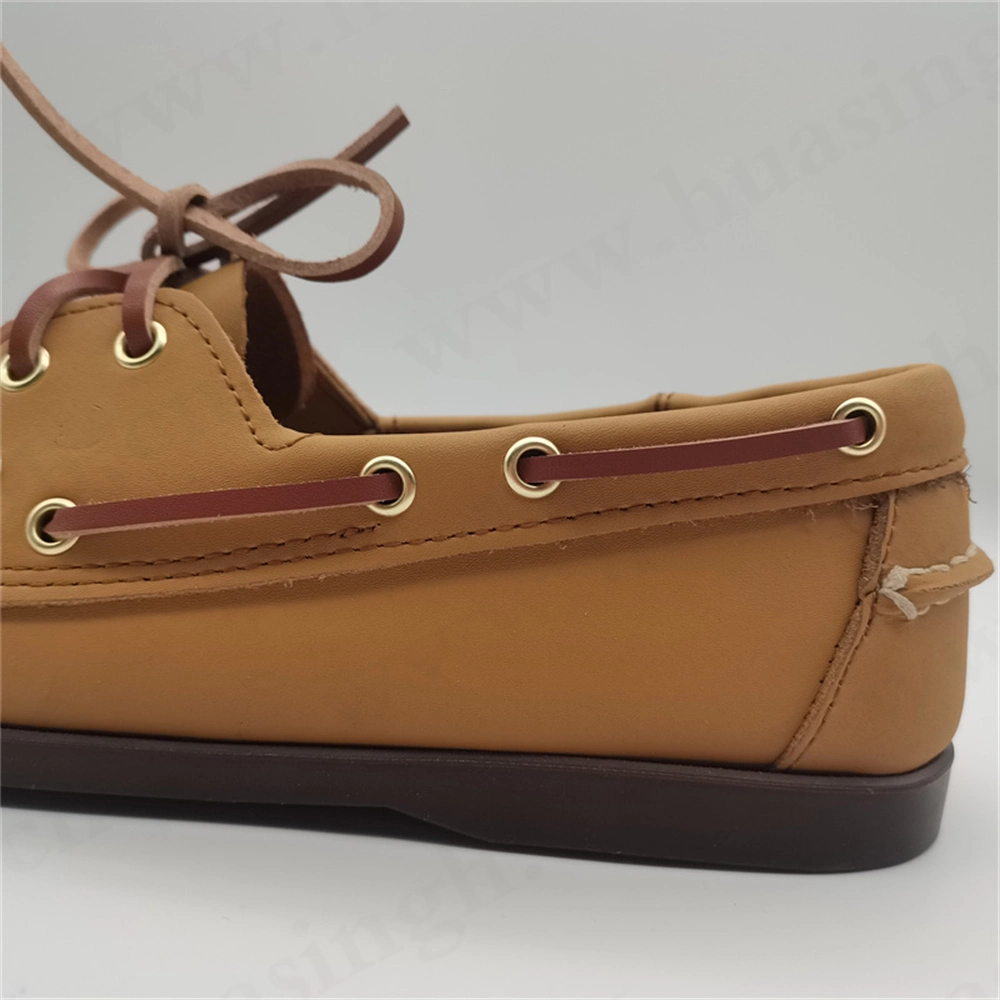 Ywq, Premium Soft Prue Hand-Made Full Leather Fashion Peash Shoe 2023 New Style Lace-up Anti-Slip Rubber Outsole Honey Color Boat Shoe Hsw081