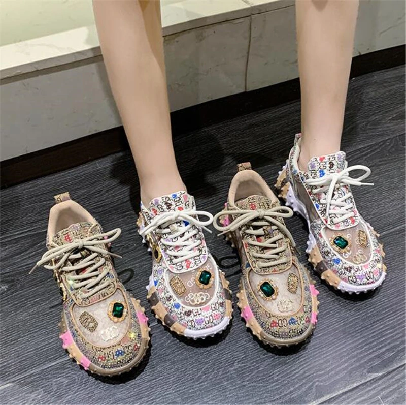 Girl Mesh Breathable Athletic Walking Shoes Diamond-Bordered Women&prime;s Rubber Bling Rhinestone Rivet Shoes