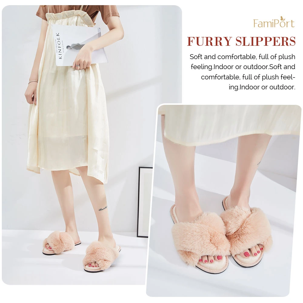 Women&prime;s Cross Band Fuzzy Slippers Fluffy Open Toe House Slippers Grey/Pink/Black/White/Red Soft Bedroom Shoes Wedding Bride Slippers for Girls Women Female